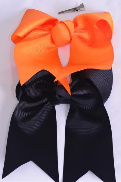 Hair Bow Extra Jumbo Long Tail Cheer Type Bow Black Orange Mix Grosgrain Bow-tie / 12 pcs Bow = Dozen  Alligator Clip , Size - 6.5" x 6" Wide , 6 Autumn Orange , 6 Black Color Asst , Clip Strip & UPC Code
