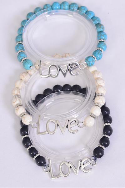 Bracelet Love Words Stretch 8 mm Semiprecious Stone / 12 pcs = Dozen Stretch , 4 Black , 4 Ivory , 4 Turquoise Asst , Hang Tag & OPP Bag & UPC Code