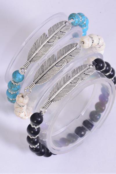 Bracelet Feather Symbol 8 mm Semiprecious Stone Stretch / 12 pcs = Dozen Stretch , 4 Of each Pattern Asst , Hang Tag and OPP Bag & UPC Code                                       