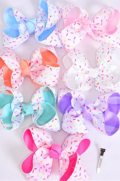 Hair Bow Jumbo Double Layered Jimmies Sprinkles Grosgrain Bow-tie Pastel / 12 pcs Bow = Dozen Alligator Clip , 2 White , 2 Pink , 2 Blue , 2 Purple , 2 Hot Pink , 1 Peach , 1 Mint Green Color Mix , Clip Strip & UPC Code