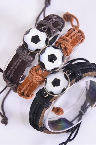 Bracelet Real Leather Band Soccer / 12 pcs = Dozen   Pull-String , Adjustable , 4 of each Pattern Mix , Individual Hang Tag & OPP Bag & UPC Code