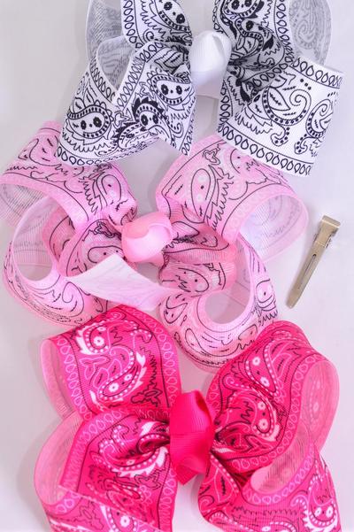 Hair Bow Jumbo Bandana Paisley Grosgrain Bow-tie Pink Mix / 12 pcs Bow = Dozen Alligator Clip , Size - 6" x 5" Wide , 4 Fuchsia , 4 Pink , 4 White Color Asst , Clip Strip and UPC Code