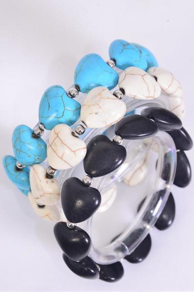Bracelet Semiprecious Stone Heart Stretch / 12 pcs = Dozen Match 03121 Stretch , 4 Black , 4 Ivory , 4 Turquoise Color Asst , Hang Tag & Opp Bag & UPC Code