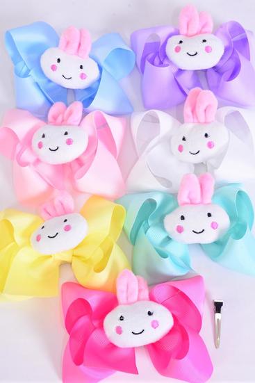Hair Bow Jumbo Easter Bunny Stuffed Toy Charm Grosgrain Bow-tie Pastel / 12 pcs Bow = Dozen Alligator Clip , Size-6" x 5 Wide , 2 White ,2 Baby Pink , 2 Lavender, 2 Hot Pink , 2 Mint Green, 1 Blue , 1 Yellow Color Asst , Clip Strip & UPC Code