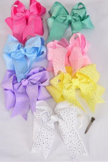 Hair Bow Jumbo Double Layered Bow Clear Stone Studded Grosgrain Bow-tie Pastel / Dozen Size-6" x 6" Wide, Alligator Clip ,2 White ,2 Baby Pink ,2 Lavender ,2 Hot Pink ,2 Mint Green ,1 Blue ,1 Yellow Color Asst ,Clip Strip & UPC Code