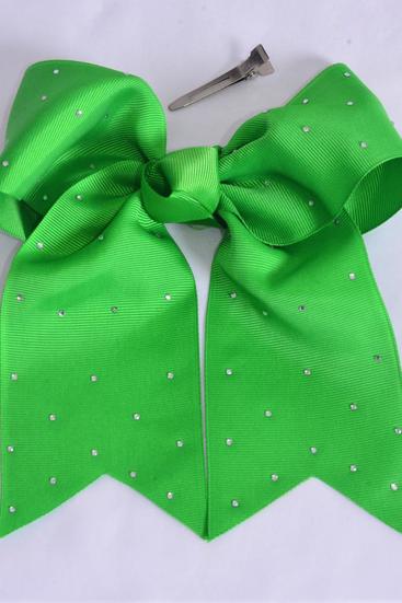 Hair Bow Extra Jumbo Long Tail Cheer Type Bow Irish Green Clear Stone Studded Grosgrain Bow-tie / 12 pcs Bow = Dozen Green , Alligator Clip , Size-6.5"x 6" Wide , Clip Strip & UPC Code