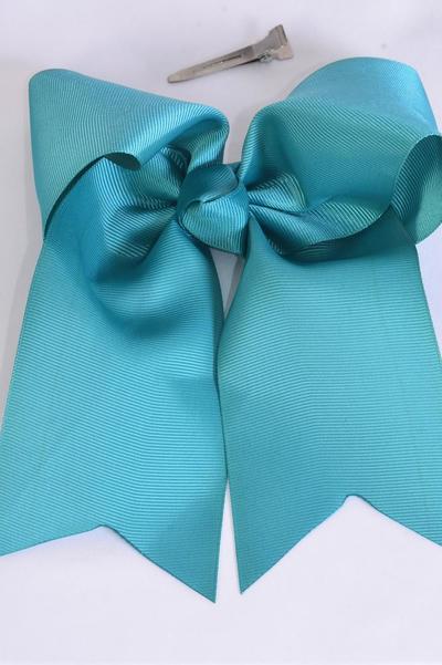 Hair Bow Extra Jumbo Long Tail Cheer Type Bow Jade Green Grosgrain Bow-tie / 12 pcs Bow = Dozen Alligator Clip , Size-6.5"x 6" Wide , Clip Strip & UPC Code