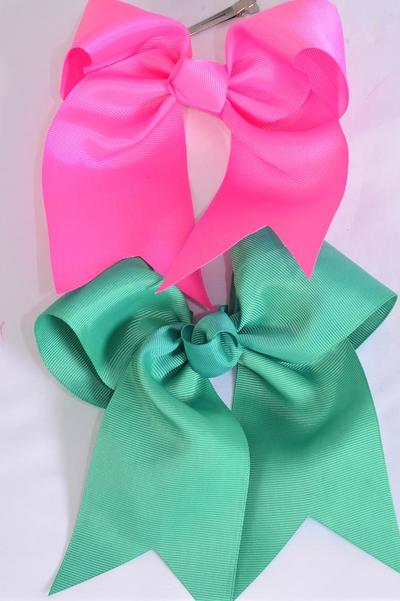 Hair Bow Extra Jumbo Long Tail Cheer Type Bow Caribbean Green Hot Pink Mix Grosgrain Bow-tie / 12 pcs Bow = Dozen Alligator Clip , Size - 6.5" x 6" Wide , 6 Caribbean Green , 6 Hot Pink Mix , Clip Strip & UPC Code