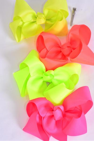 Hair Bow Jumbo Neon Grosgrain Bow-tie / 12 pcs Bow = Dozen Alligator Clip , Size - 6" x 5" Wide , 3 Lime, 3 Orange, 3 Pink ,3 Yellow Color Asst , Clip Strip & UPC Code