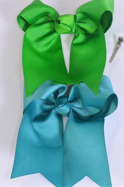 Hair Bow Extra Jumbo Long Tail Cheer Type Bow Kelly Green Teal Green mix Grosgrain Bow-tie / 12 pcs Bow = Dozen Green Mix , Alligator Clip , Size - 6.5" x 6" Wide , 6 Jade Green , 6 Kelly Green Color Asst , Clip Strip and UPC Code