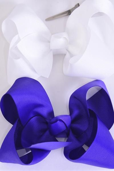 Hair Bow Jumbo Purple White Mix Grosgrain Bow-tie / 12 pcs Bow = Dozen Alligator Clip , Size - 6" x 5" Wide , 6 of each Color Asst , Clip Strip & UPC Code