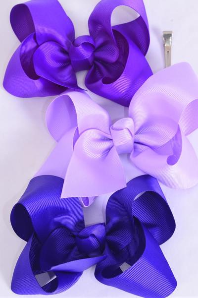 Hair Bow Jumbo Purple Mix Grosgrain Bow-tie / 12 pcs Bow = Dozen Alligator Clip , Size- 6"x 5" Wide , 4 Lavender , 4 Purple , 4 Regal Purple Color Asst , Clip Strip & UPC Code