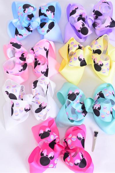 Hair Bow Jumbo Double Layered Mouse Ear Pastel Grosgrain Bow-tie / 12 pcs Bow = Dozen Alligator Clip , Size - 6" x 5" Wide , 2 White , 2 Pink , 2 Lavender, 2 Hot Pink , 2 Mint Green ,  1 Blue , 1 Yellow Color Mix , Clip Strip & UPC Code