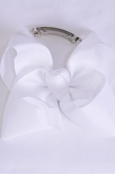 Hair Bow Jumbo White Grosgrain Bow-tie / 12 pcs Bow = Dozen White , French Clip - 3" Wide , Bow - 6" x 5" Wide , Clip Strip and UPC Code