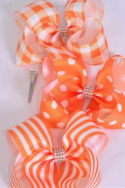 Hair Bow Jumbo Plaid Polka-dots Stripe Mix Grosgrain Bow-tie Orange White Mix / 12 pcs Bow = Dozen Alligator Clip , Bow - 6" x 5" Wide , 4 of each Pattern Asst , Clip Strip & UPC Code