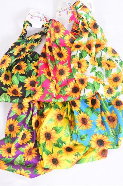 Headband Turban Wide Cotton Stretchy Sunflower Multi / 12 pcs = Dozen Stretch , Wedth - 8.5", 2 of each Pattern Mix , Individual Hang Tag and OPP Bag & UPC Code