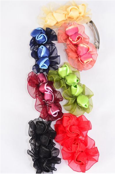 Hair Bow Flower Multi Satin French Clip / 12 pcs Bow = Dozen French Clip , Size-4"x 2.5" Wide ,2 Red ,2 Black ,2 Navy ,2 Burgundy ,2 Purple ,1 Green ,1 Mauve Mix, Hang Tag & Clip Strip