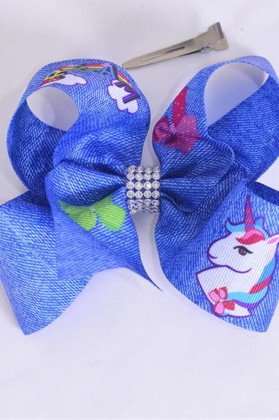 Hair Bow Jumbo Denim Print Unicorn Bowtie Dream Grosgrain Bow-tie / 12 pcs Bow = Dozen Alligator Clip , Size - 6" x 5" Wide , Clip Strip & UPC Code