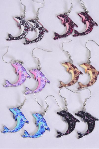 Earrings Dolphin Enamel Color Asst / 12 pair = Dozen Match 25091 Fish Hook , 2 Of each Pattern Asst , Earring Card & OPP Bag & UPC Code