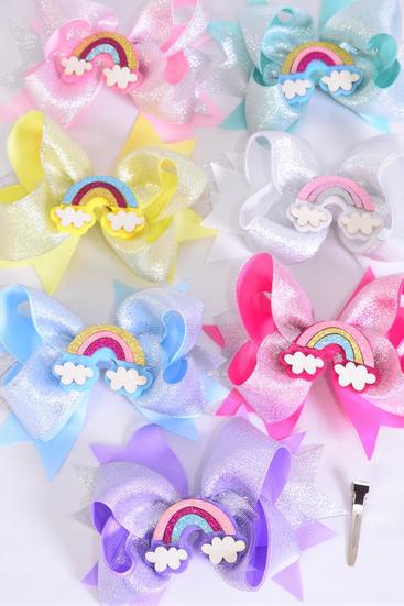 Hair Bow Jumbo Double Layered Metallic Rainbow Charm Grosgrain Bow-tie / 12 pcs Bow = Dozen Alligator Clip , Bow - 6" x 5" Wide , 2 White, 2 Lavender, 2 Baby Pink, 2 Hot Pink, 2 Mint Green, 1 Blue, 1 Yellow Asst, Clip Strip & UPC Code