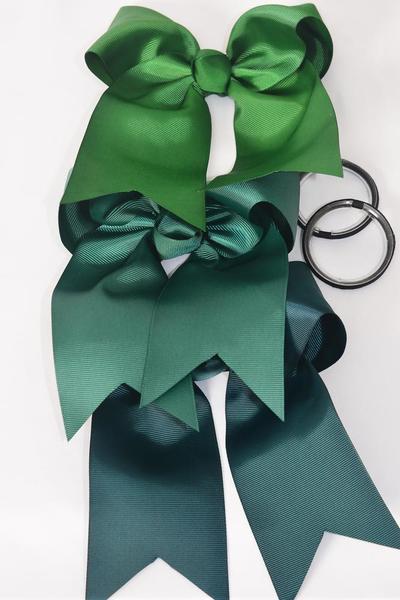 Hair Bow Extra Jumbo Long Tail Cheer Type Bow Hunter Green Elastic Grosgrain Bow-tie / 12 pcs Bow = Dozen Green Mix , Elastic , Size-6.5"x 6" Wide , 4 Hunter Green , 4 Forest Green , 4 Spruce Color Asst , Clip Strip & UPC Code