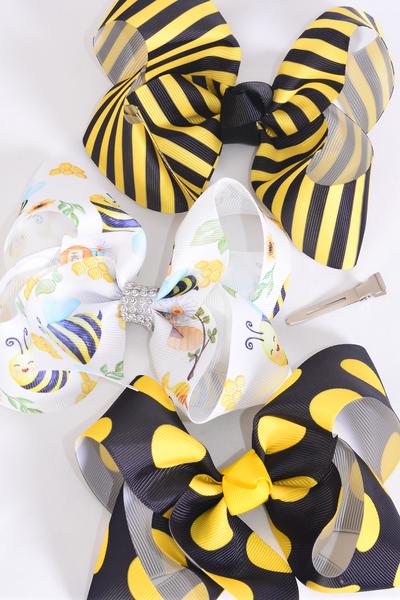 Hair Bow Jumbo Cute Honey Bee & Stripe Polka dot Mix Grosgrain Bow-tie / 12 pcs Bow = Dozen Alligator Clip , Size - 6" x 5" Wide , 4 Of each Pattern Asst , Clip Strip & UPC Code