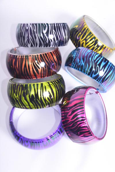 Bracelet Bangle Acrylic Hinge Cat-eye Zebra Print Multi /  12 pcs = Dozen Hinge , Size -2 .75" x 1.25" Dia Wide , 2 Silver , 2 Blue , 2 Purple , 2 Red , 2 Yellow ,1 Lime ,1 Orange Mix , Hang Tag & OPP Bag & UPC Code