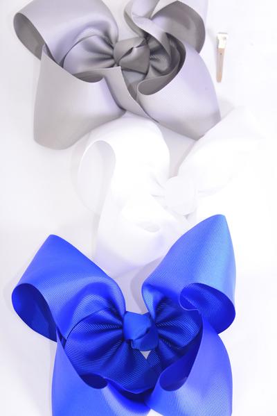 Hair Bow Extra Jumbo Cheer Type Bow Gray White Royal blue Mix Grosgrain Bow-tie / 12 pcs Bow = Dozen Alligator Clip , Size - 8" x 7" Wide , 4 White , 4 Gray , 4 Royal Blue Color Asst , Clip Strip & UPC Code