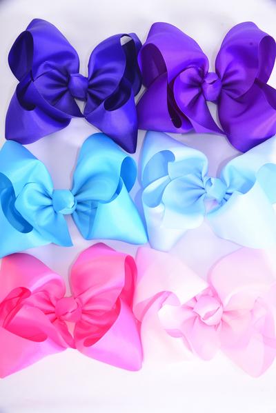 Hair Bow Extra Jumbo Cheer Type Bow Spring Mix Grosgrain Bow-tie / 12 pcs Bow = Dozen  Spring Mix , Size-8"x 7" Wide , Alligator Clip , 2 Baby Pink ,2 Hot Pink ,2 Lavender ,2 Purple ,2 Sky Blue ,2 Baby Blue Mix ,Clip Strip & UPC Code