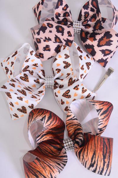 Hair Bow Jumbo Animal Pattern Mix Grosgrain Bow-tie / 12 pcs Bow = Dozen Alligator Clip , Size - 6" x 5" Wide , 4 of each Pattern Asst , Clip Strip and UPC Code