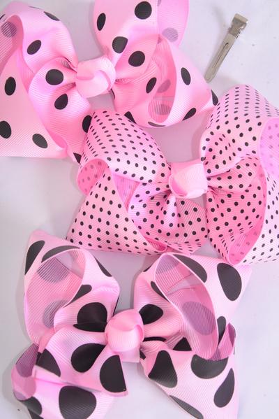 Hair Bow Jumbo Polka dots Grosgrain Bow-tie Baby Pink Mix / 12 pcs Bow = Dozen  Alligator Clip , Size - 6  x 5" Wide , 4 of each Pattern Asst , Clip Strip & UPC Code