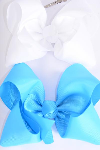 Hair Bow Extra Jumbo Cheer Type Bow Turquoise & White Mix Grosgrain Bow-tie / 12 pcs Bow = Dozen Size-8"x 7" Wide , Alligator Clip , 6 Turquoise , 6 White Color Asst , Clip Strip & UPC Code
