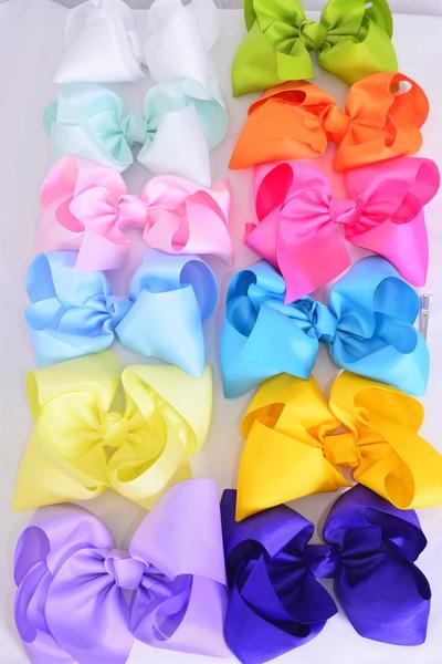 Hair Bow Extra Jumbo Cheer type Bow Rainbow Color Mix Grosgrain Bow-tie / 12 pcs Bow = Dozen Rainbow , Size-8"x 7" Wide , Alligator Clip , 12 Color Asst , Clip Strip & UPC Code