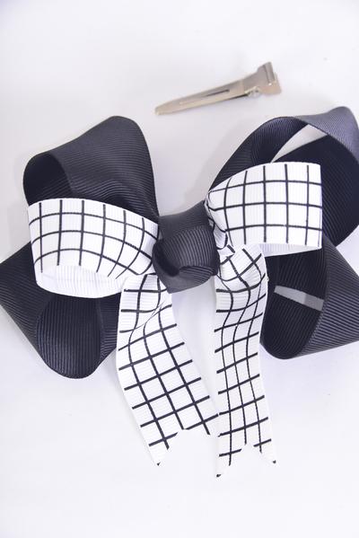 Hair Bow Jumbo Black Bow w White Grid Double Layered Grosgrain Bow-tie / 12 pcs Bow = Dozen/ Alligator Clip , Bow - 6" x 6" Wide , Clip Strip & UPC Code
