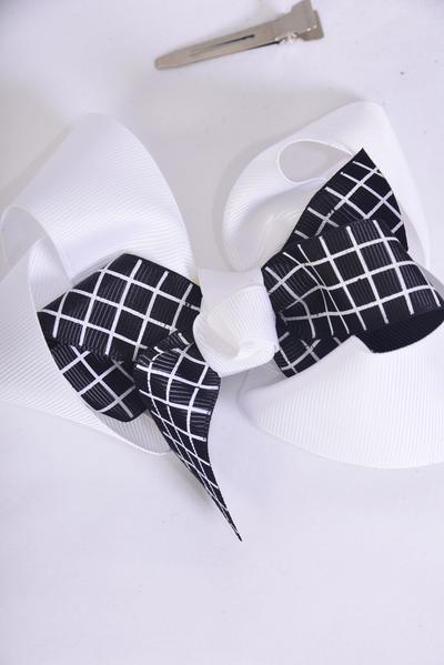 Hair Bow Jumbo Black Grid Double Layered Grosgrain Bow-tie White / 12 pcs Bow = Dozen Alligator Clip , Bow - 6" x 5" Wide , Clip Strip & UPC Code