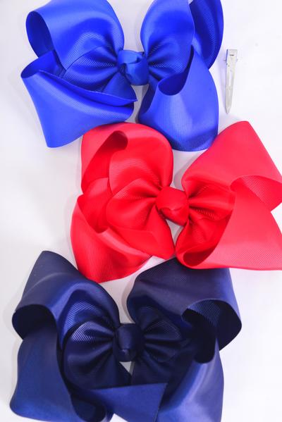 Hair Bow Extra Jumbo Cheer Type Bow Red Royal Blue Navy Mix Grosgrain Bow-tie / 12 pcs Bow = Dozen Alligator Clip , Size - 8" x 7" Wide , 4 of Each Color Asst , Clip Strip & UPC Code