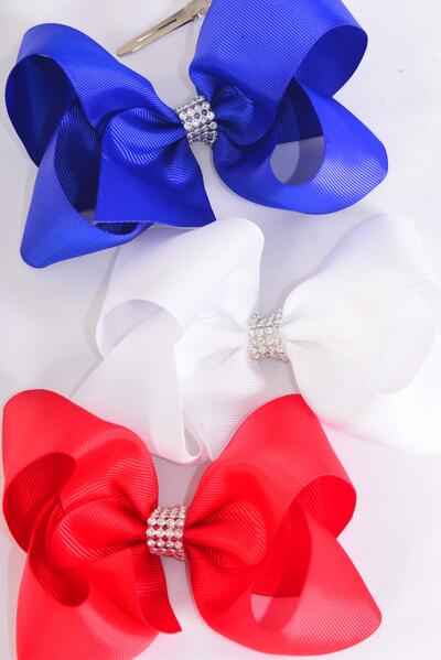Hair Bow Jumbo Patriotic Red White Royal Blue Mix Grosgrain Bow-tie / 12 pcs Bow = Dozen Alligator Clip , Bow - 6" x 5" Wide , 4 White , 4 Red , 4 Blue Mix , Clip Strip & UPC Code
