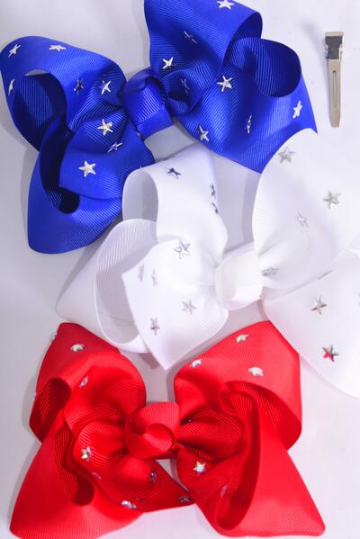 Hair Bow Jumbo Patriotic Silver Star Studded Red White Royal Blue Mix Grosgrain Bow-tie / 12 pcs Bow = Dozen Alligator Clip , Size - 6" x 5" Wide , 4 Red , 4 White , 4 Royal Blue Color Asst , Clip Strip & UPC Code