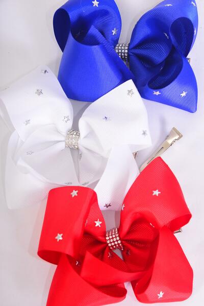 Hair Bow Jumbo Star Studded Patriotic Red White Royal Blue Mix Grosgrain Bow-tie / 12 pcs Bow = Dozen Alligator Clip , Size - 6" x 5" Wide , 4 of each Pattern Asst , Clip Strip & UPC Code