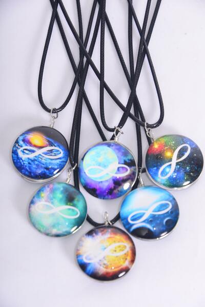 Necklace Infinity Symbol Double Sided Glass Dome / 12 pcs = Dozen  match 03428 Pendant Size-1.25" Wide , Necklace 18" Long Extension Chain , 2 of each Pattern Asst , Hang Tag & OPP Bag & UPC Code