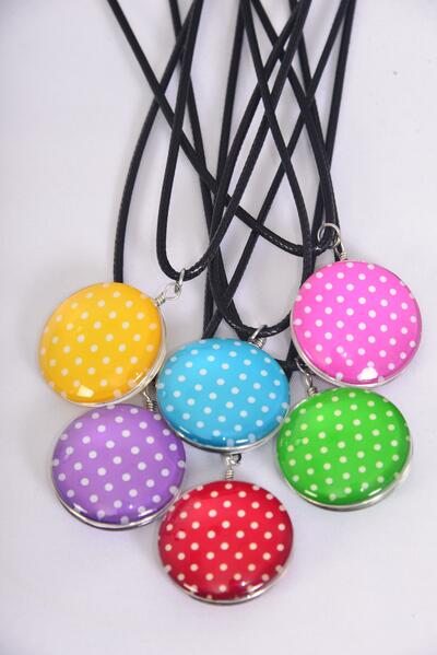 Necklace Polka dots Double Sided Glass Dome /  12 pcs = Dozen Pendant Size-1.25" Wide , Necklace 18" Long Extension Chain , 2 of each Pattern Asst , Hang Tag & OPP Bag & UPC Code