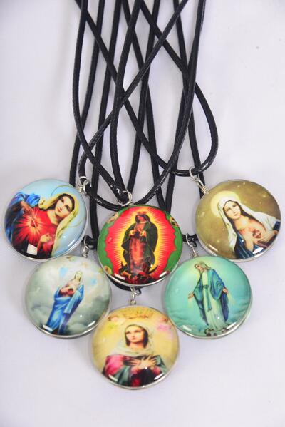 Necklace Mother Virgin Mary Double Sided Glass Dome / 12 pcs = Dozen  match 03073 Pendant Size-1.25" Wide , Necklace 18" Long Extension Chain , 2 of each Pattern Asst , Hang Tag & OPP Bag & UPC Code