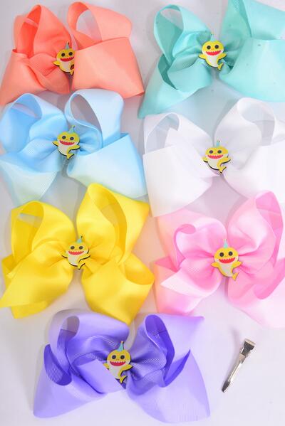 Hair Bow Jumbo Center Happy Shark Charm Grosgrain Bow-tie Pastel / 12 pcs Bow = Dozen Alligator Clip , Size - 6" x 5", 2 White , 2 Baby Pink , 2 Lavender , 1 Blue , 2 Yellow , 2 Mint Green , 1 Peach Color Asst , Clip Strip and UPC Code