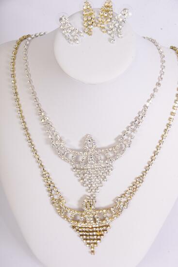 Necklace Sets Fancy Design w Rhinestones Post / Sets Post , Size - 18 inches , Extension Chain , Choose Gold Or Silver Finishes ,W Black Velvet Display Card & OPP Bag & UPC Code