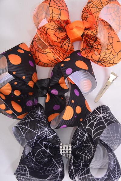 Hair Bow Jumbo Halloween Spider Web Polka dots Mix Grosgrain Bow-tie / 12 pcs Bow = Dozen  Alligator Clip , Size - 6" x 5" Wide , 4 Of each Pattern Mix , Clip Strip & UPC Code