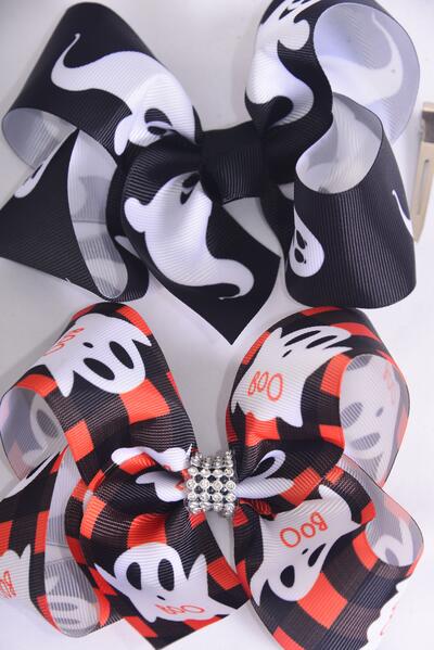 Hair Bow Jumbo Happy Halloween BOO Cute Ghost Mix Grosgrain Bow-tie / 12 pcs Bow = Dozen Alligator Clip , Size-6"x 5" Wide , 6 Of each Pattern Mix , Clip Strip & UPC Code