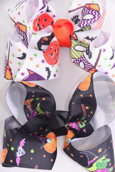 Hair Bow Jumbo Halloween Boo Witch Mix Grosgrain Bow-tie / 12 pcs Bow = Dozen Alligator Clip , Size-6"x 5" Wide , 6 Of each Pattern Mix , Clip Strip & UPC Code
