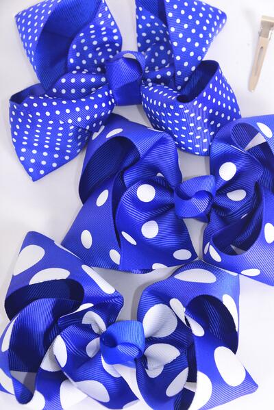 Hair Bow Jumbo Polka dots Royal Blue Pattern Mix Grosgrain Bow-tie / 12 pcs Bow = Dozen Royal Blue Mix , Alligator Clip , Bow - 6" x 5" Wide , 4 of each Pattern Asst , Clip Strip & UPC Code
