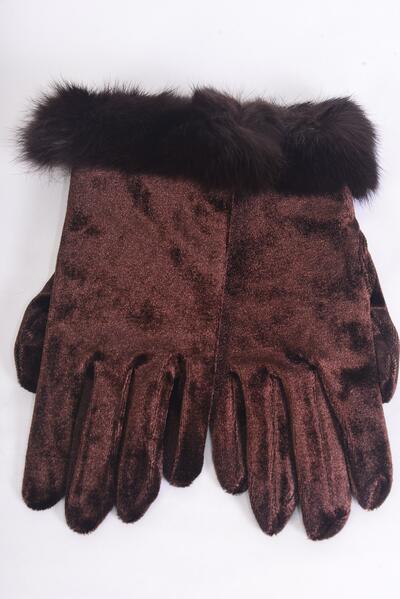 Velvet Glove Brown With Real Rabbit Fur Stretch / Pair Department Store Quality , OPP Bag & UPC Code