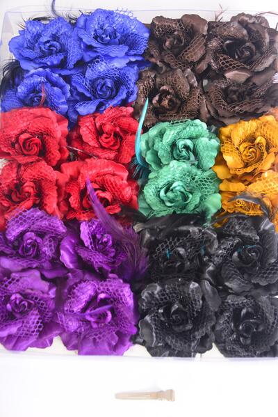 Flowers 24 pcs Rose & Feather Mix Dark Multi / 24 pcs Flower = Dozen Alligator Clip , Size - 2.75" Wide , 2 Brown , 2 Purple , 2 Red , 2 Gold , 1 Blue , 1 Black , 1 Gray , 1 Green Color Asst